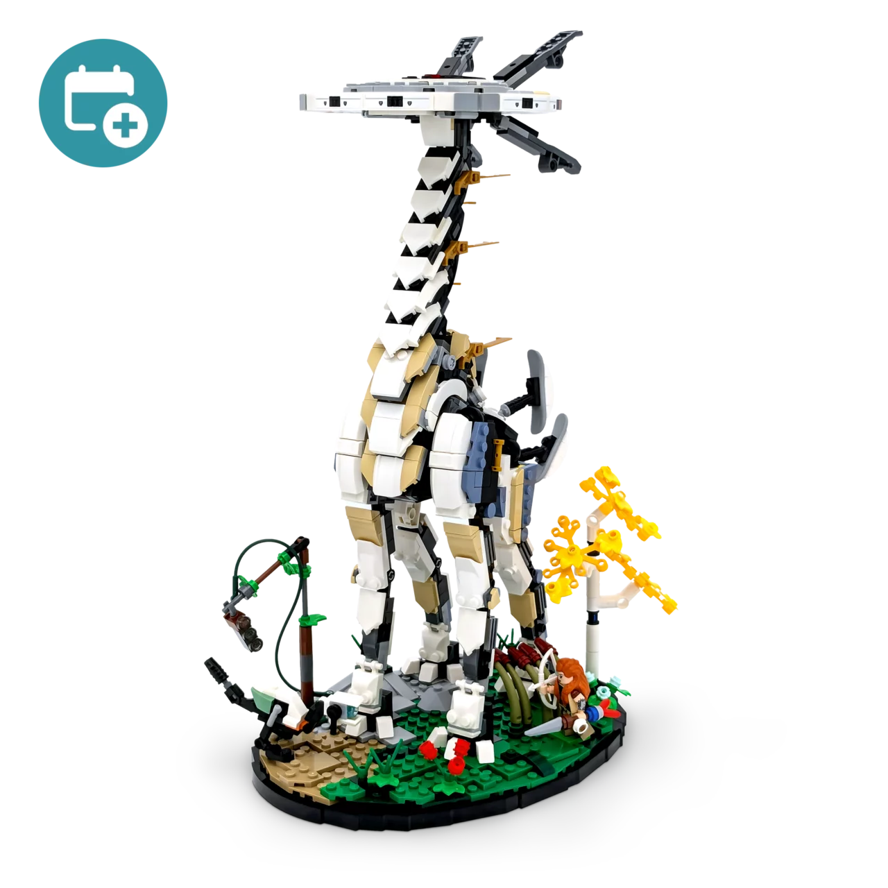 Frontansicht des Horizon Forbidden West: Langhals aus dem LEGO Icons Set 76989 mit Mietverlängerungs-Badge